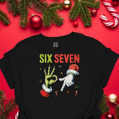 Funny Christmas “Six Seven” Hand Gesture Shirt – Holiday Humor Tee, Santa & Green Hand Xmas Gag Gift