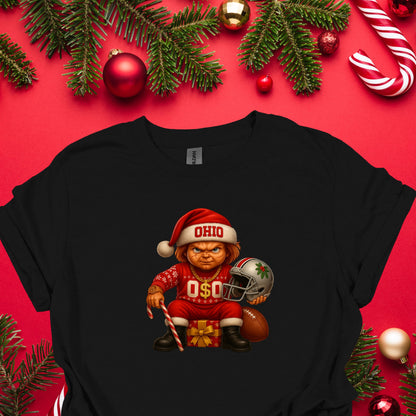 Ohio Christmas Grumpy Elf Football Tee – Funny Holiday Buckeye Fan Shirt