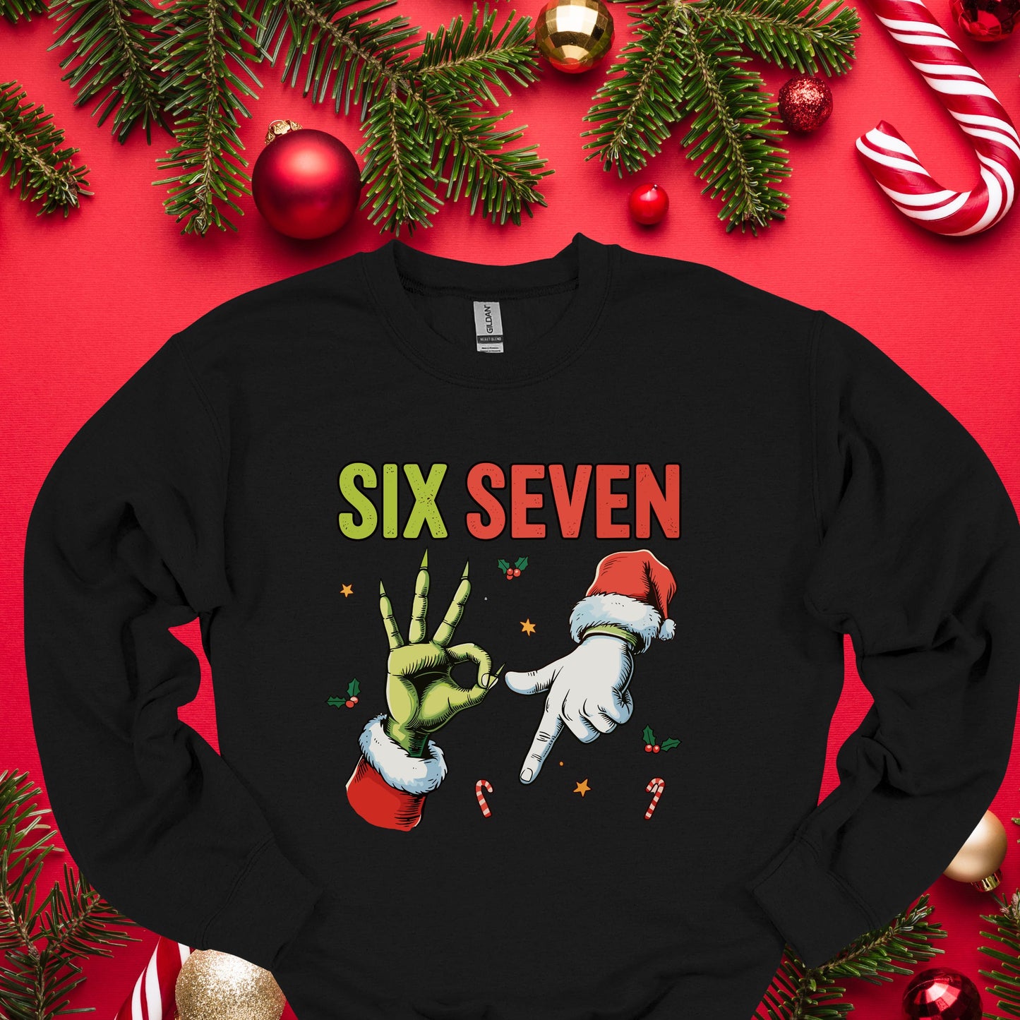 Funny Christmas “Six Seven” Hand Gesture Shirt – Holiday Humor Tee, Santa & Green Hand Xmas Gag Gift