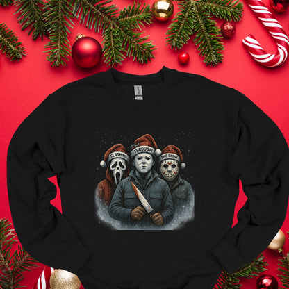 Slashing Through The Snow Funny Holiday Horror Parody Shirt Unisex Fit Soft Cotton Tee for Daily Wear & Gifts