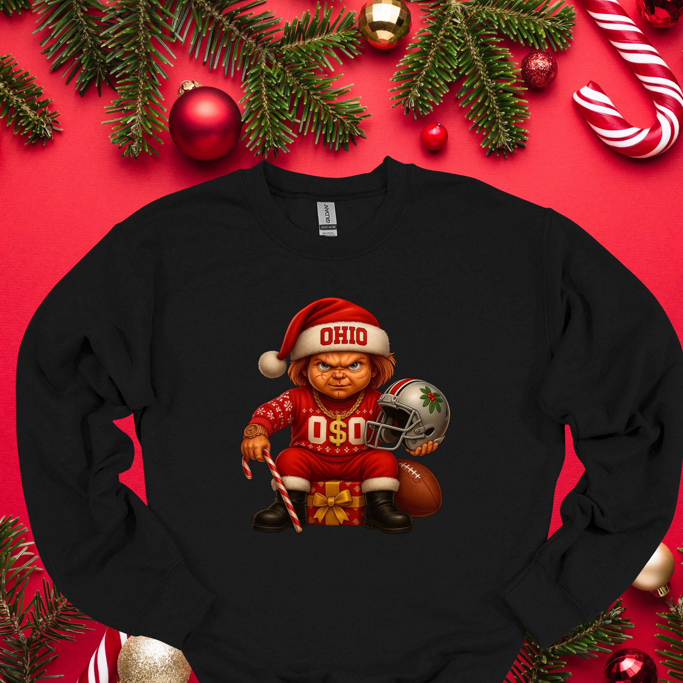 Ohio Christmas Grumpy Elf Football Tee – Funny Holiday Buckeye Fan Shirt