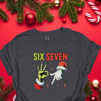 Funny Christmas “Six Seven” Hand Gesture Shirt – Holiday Humor Tee, Santa & Green Hand Xmas Gag Gift