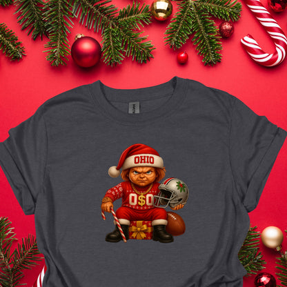 Ohio Christmas Grumpy Elf Football Tee – Funny Holiday Buckeye Fan Shirt
