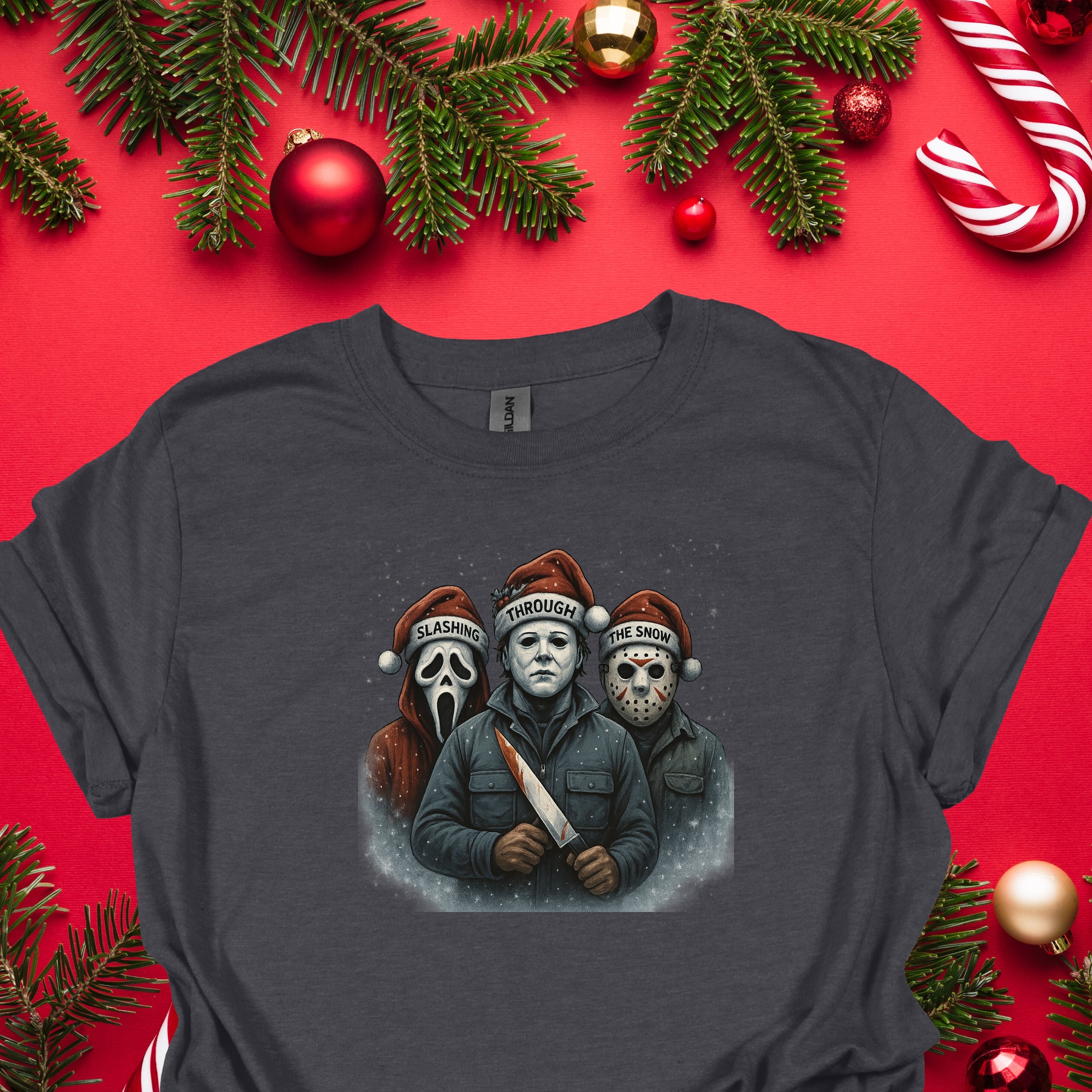 Slashing Through The Snow Funny Holiday Horror Parody Shirt Unisex Fit Soft Cotton Tee for Daily Wear & Gifts