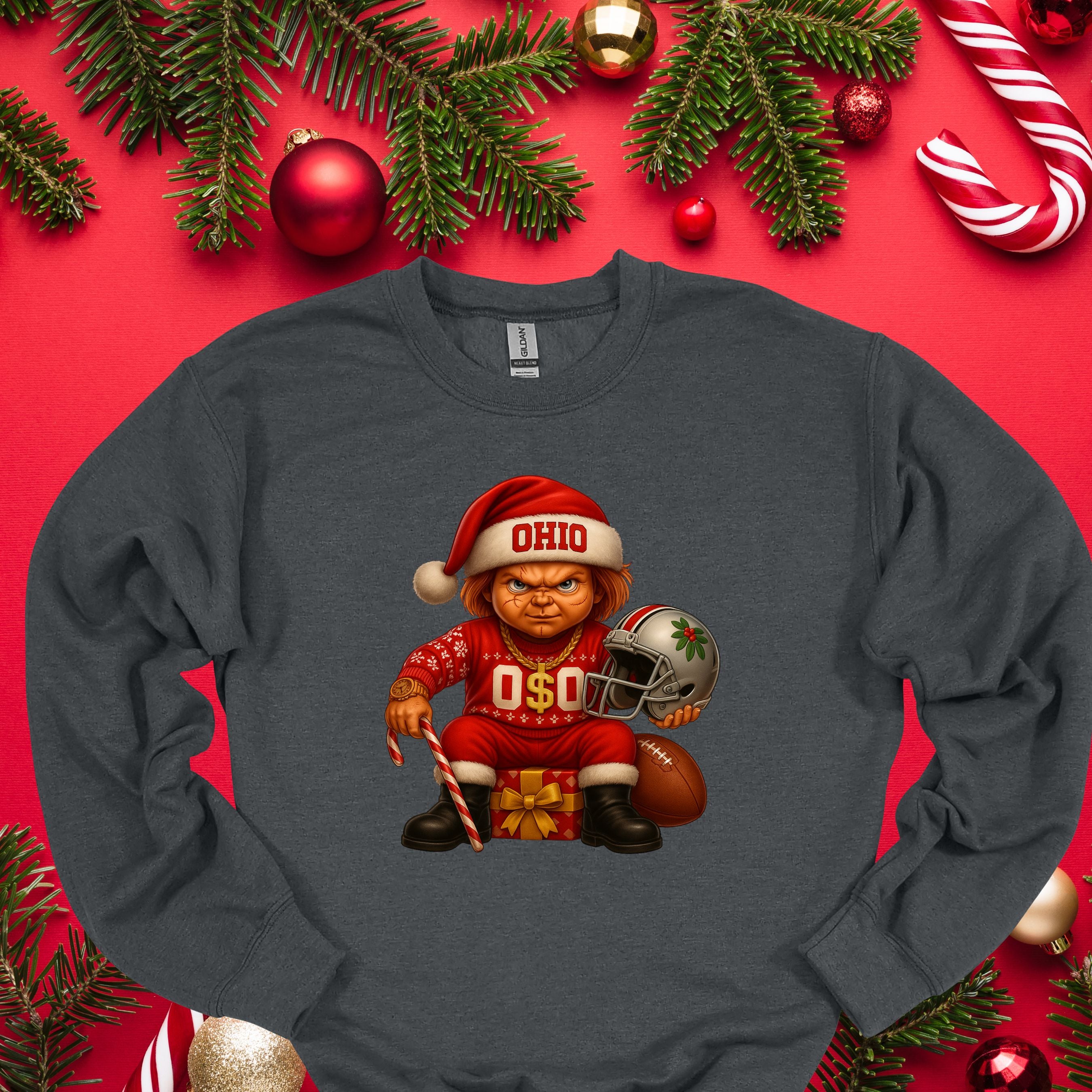 Ohio Christmas Grumpy Elf Football Tee – Funny Holiday Buckeye Fan Shirt