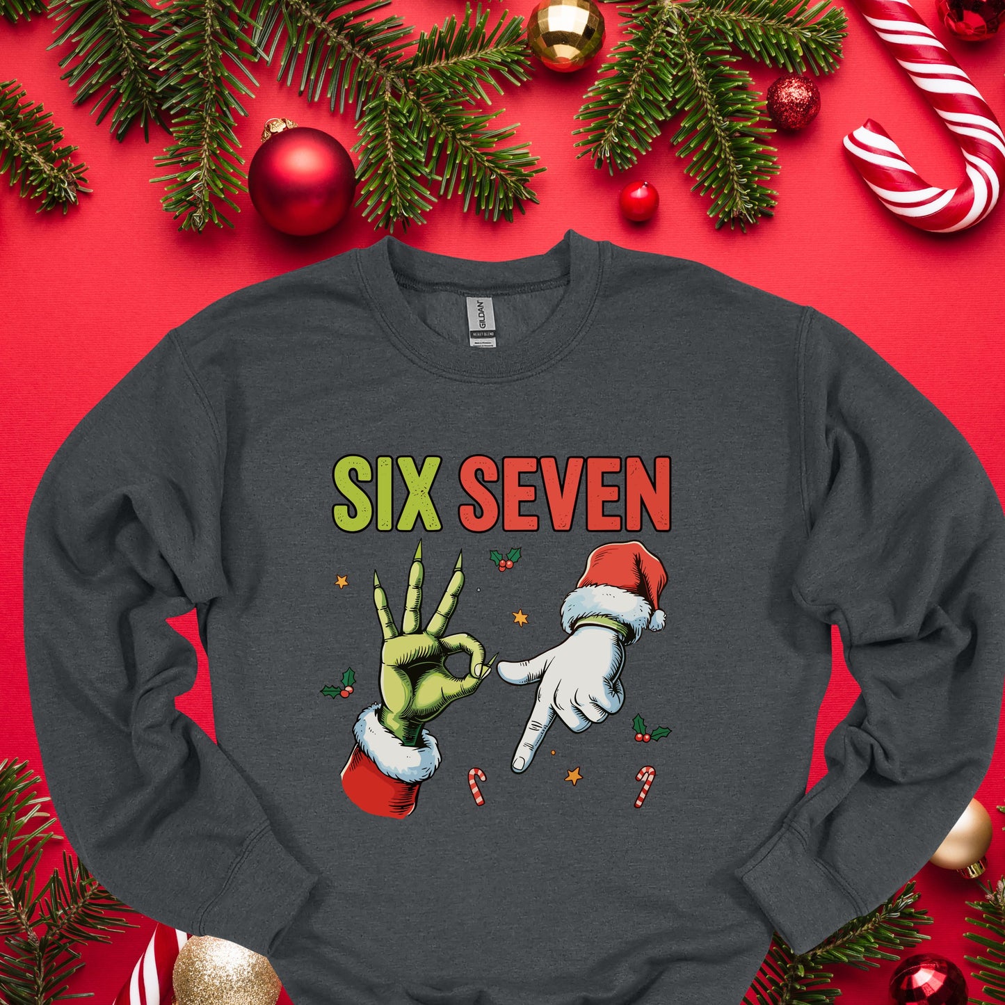 Funny Christmas “Six Seven” Hand Gesture Shirt – Holiday Humor Tee, Santa & Green Hand Xmas Gag Gift