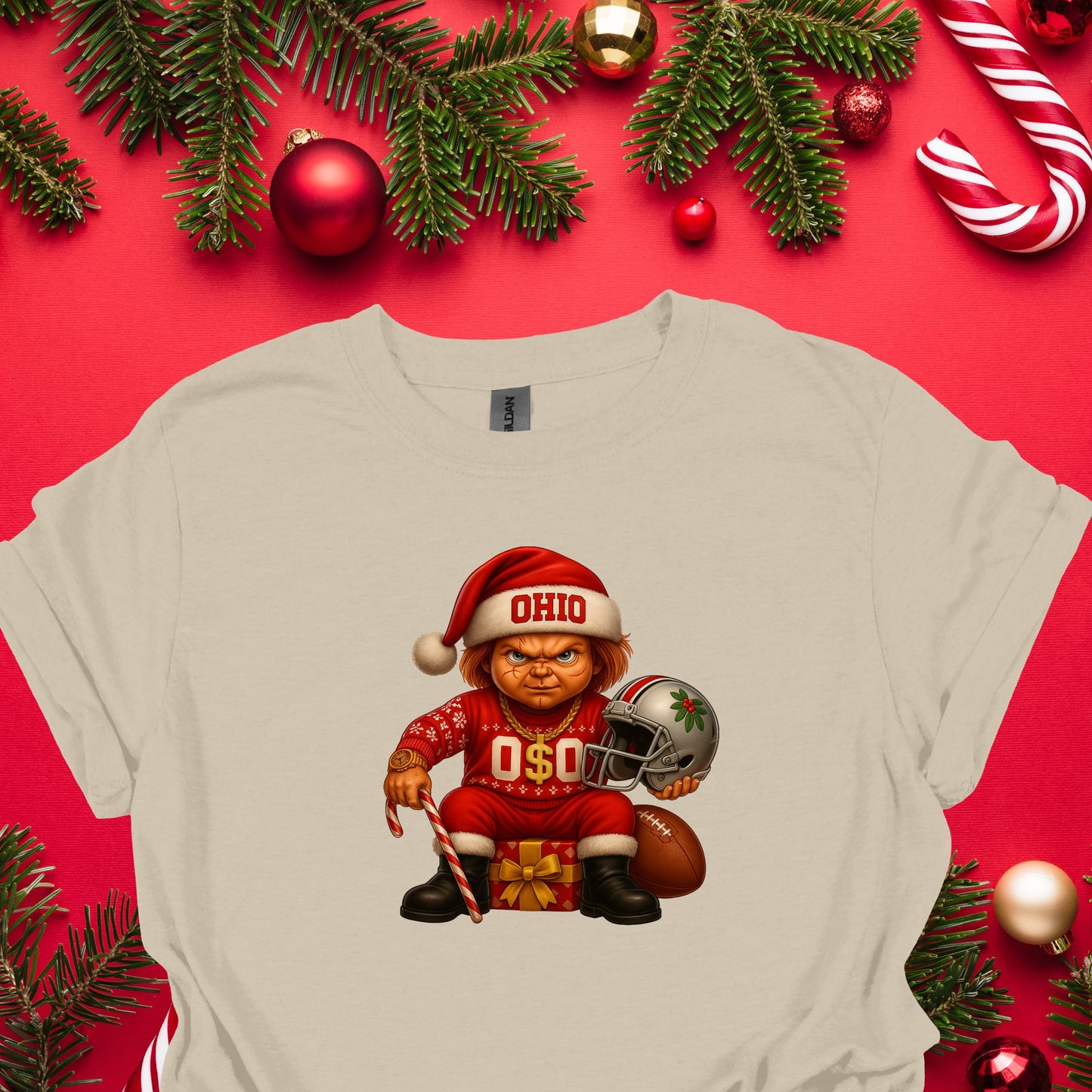 Ohio Christmas Grumpy Elf Football Tee – Funny Holiday Buckeye Fan Shirt
