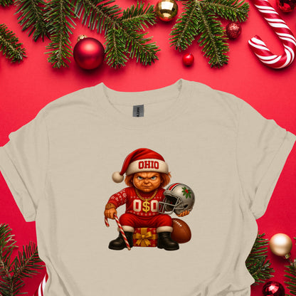 Ohio Christmas Grumpy Elf Football Tee – Funny Holiday Buckeye Fan Shirt
