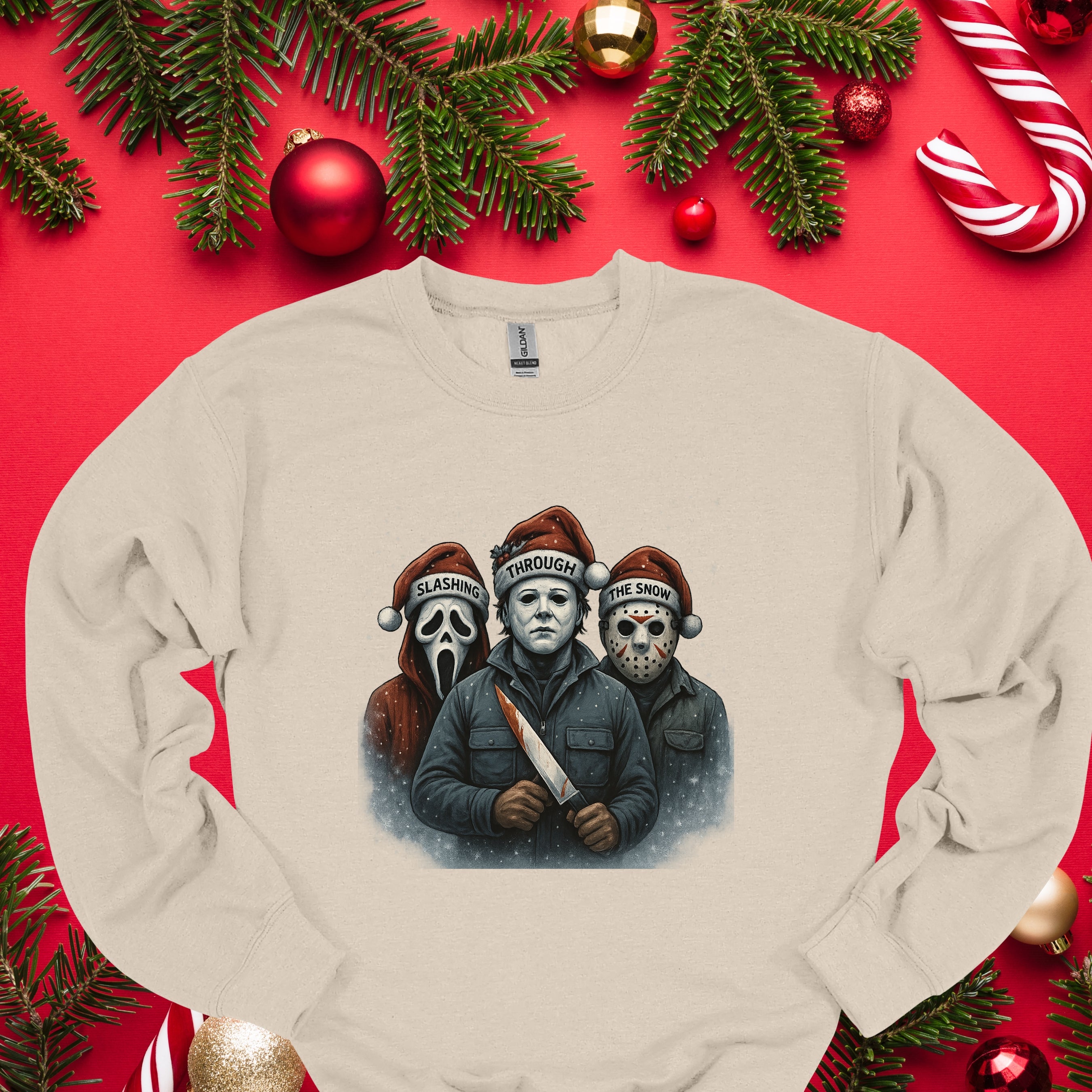 Slashing Through The Snow Funny Holiday Horror Parody Shirt Unisex Fit Soft Cotton Tee for Daily Wear & Gifts