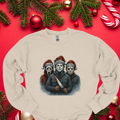 Slashing Through The Snow Funny Holiday Horror Parody Shirt Unisex Fit Soft Cotton Tee for Daily Wear & Gifts