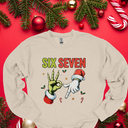 Funny Christmas “Six Seven” Hand Gesture Shirt – Holiday Humor Tee, Santa & Green Hand Xmas Gag Gift