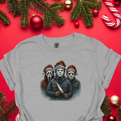 Slashing Through The Snow Funny Holiday Horror Parody Shirt Unisex Fit Soft Cotton Tee for Daily Wear & Gifts