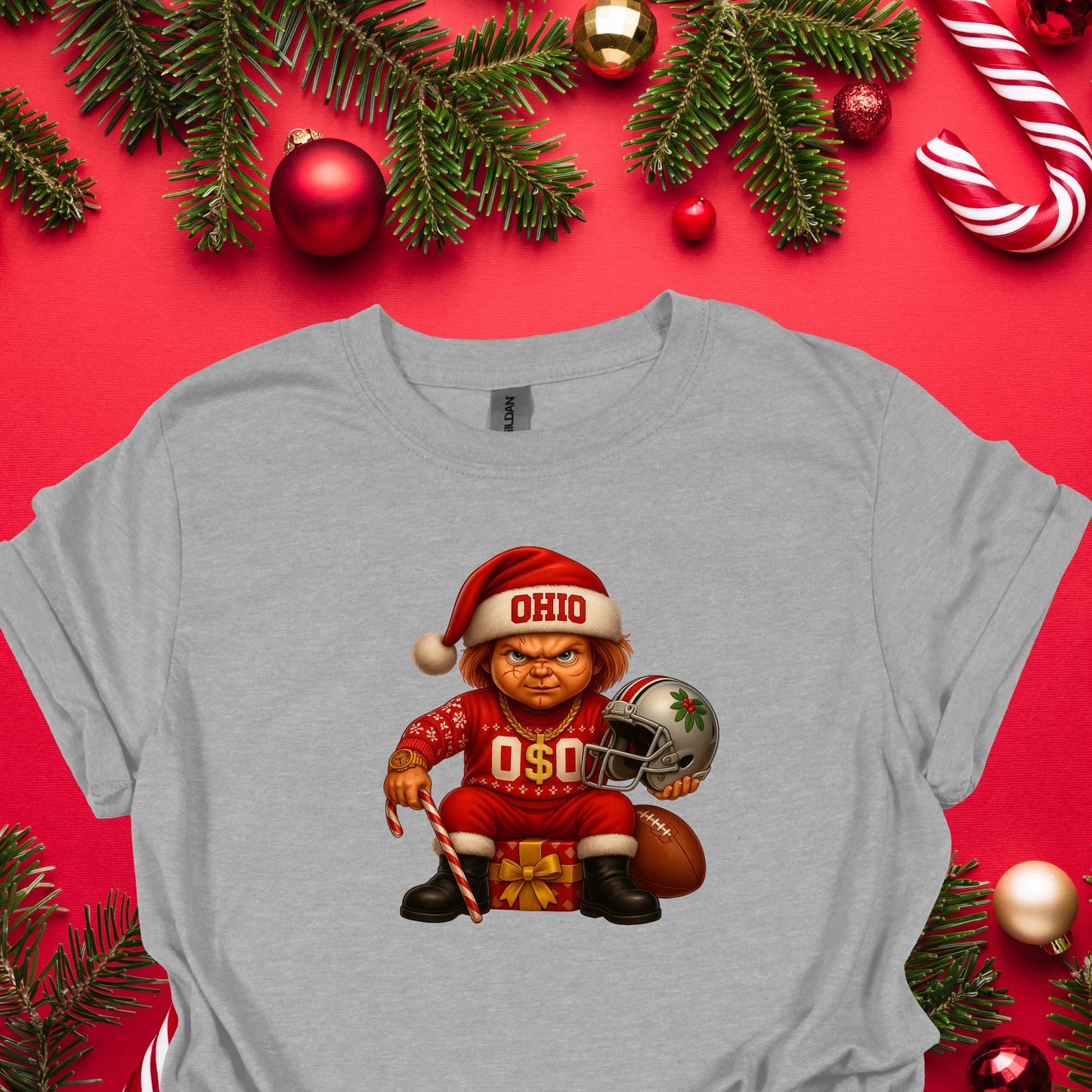 Ohio Christmas Grumpy Elf Football Tee – Funny Holiday Buckeye Fan Shirt