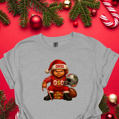 Ohio Christmas Grumpy Elf Football Tee – Funny Holiday Buckeye Fan Shirt