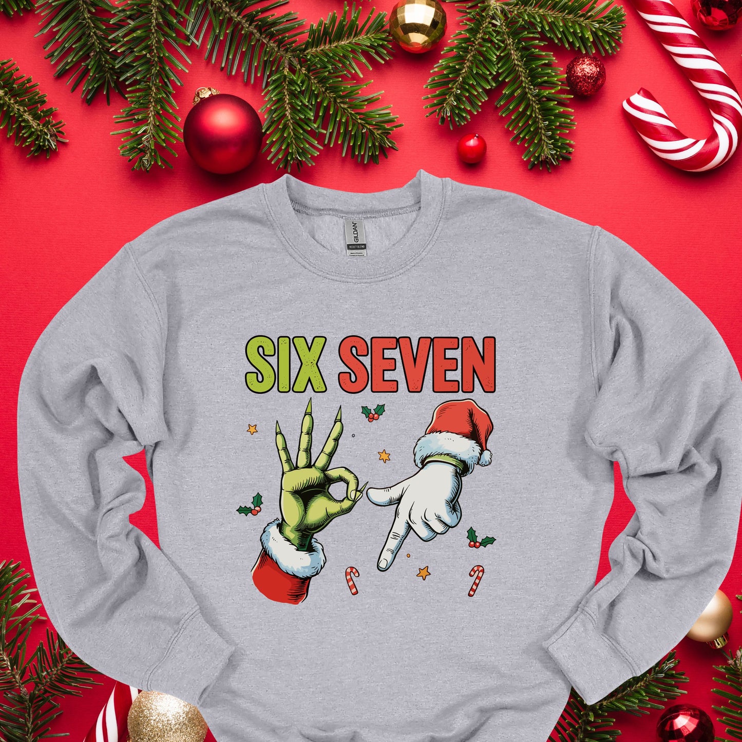 Funny Christmas “Six Seven” Hand Gesture Shirt – Holiday Humor Tee, Santa & Green Hand Xmas Gag Gift