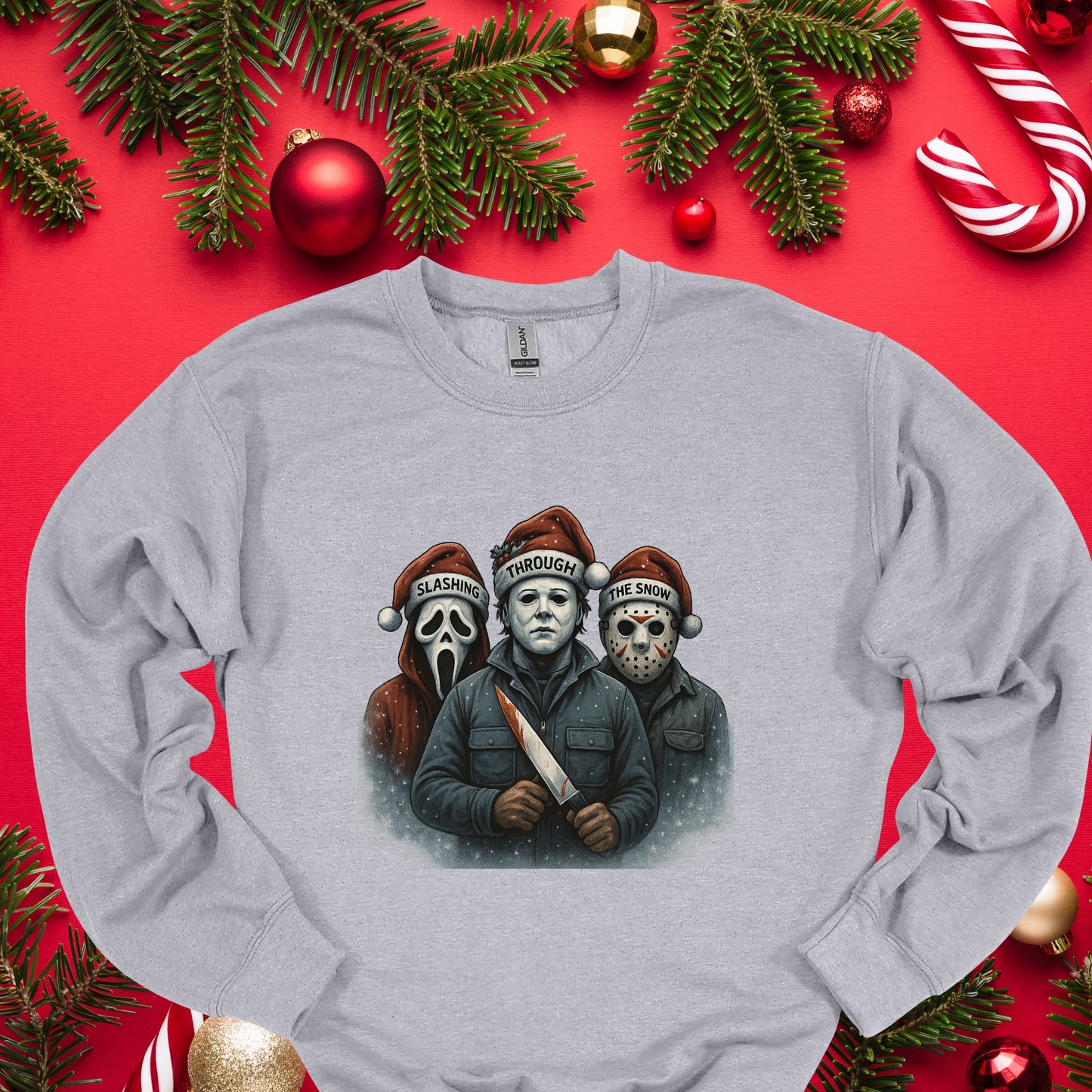 Slashing Through The Snow Funny Holiday Horror Parody Shirt Unisex Fit Soft Cotton Tee for Daily Wear & Gifts