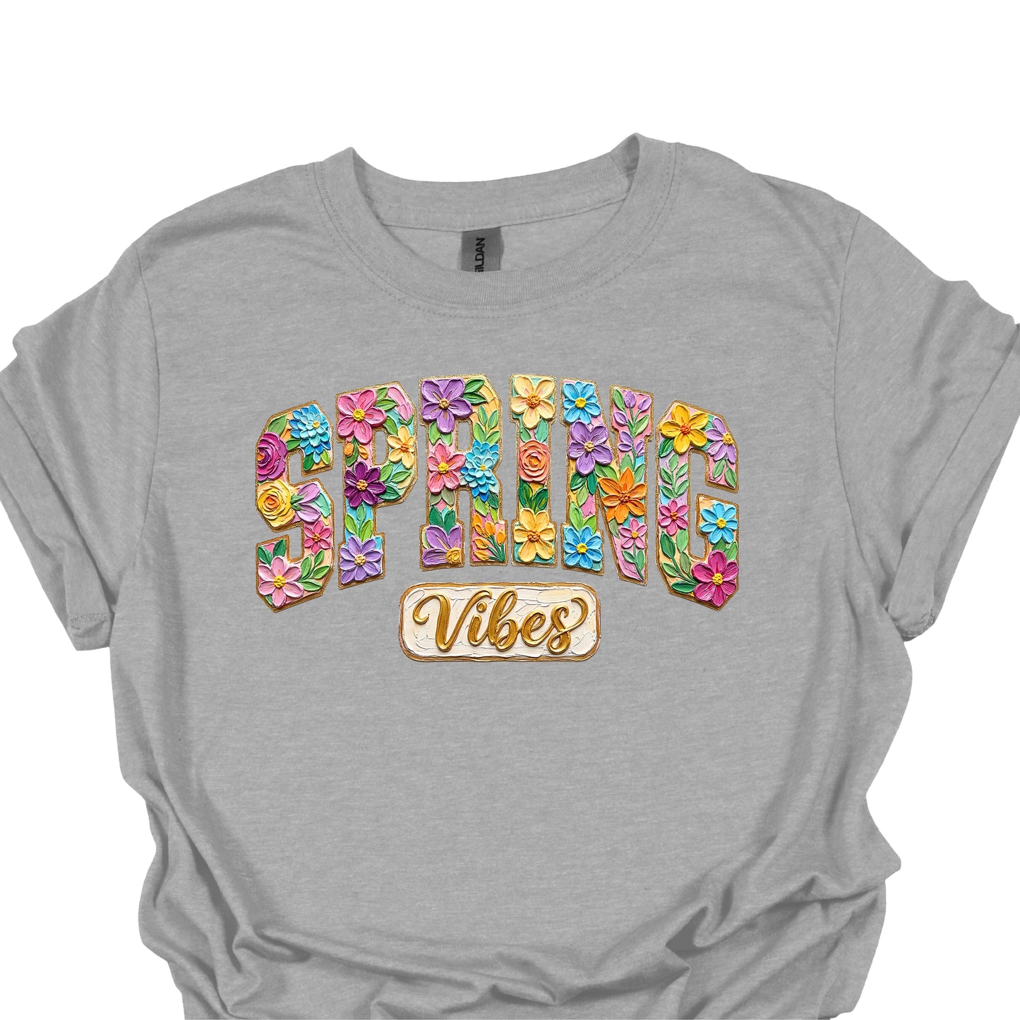 Spring Vibes Floral Shirt – Colorful Flower Letter Graphic Tee