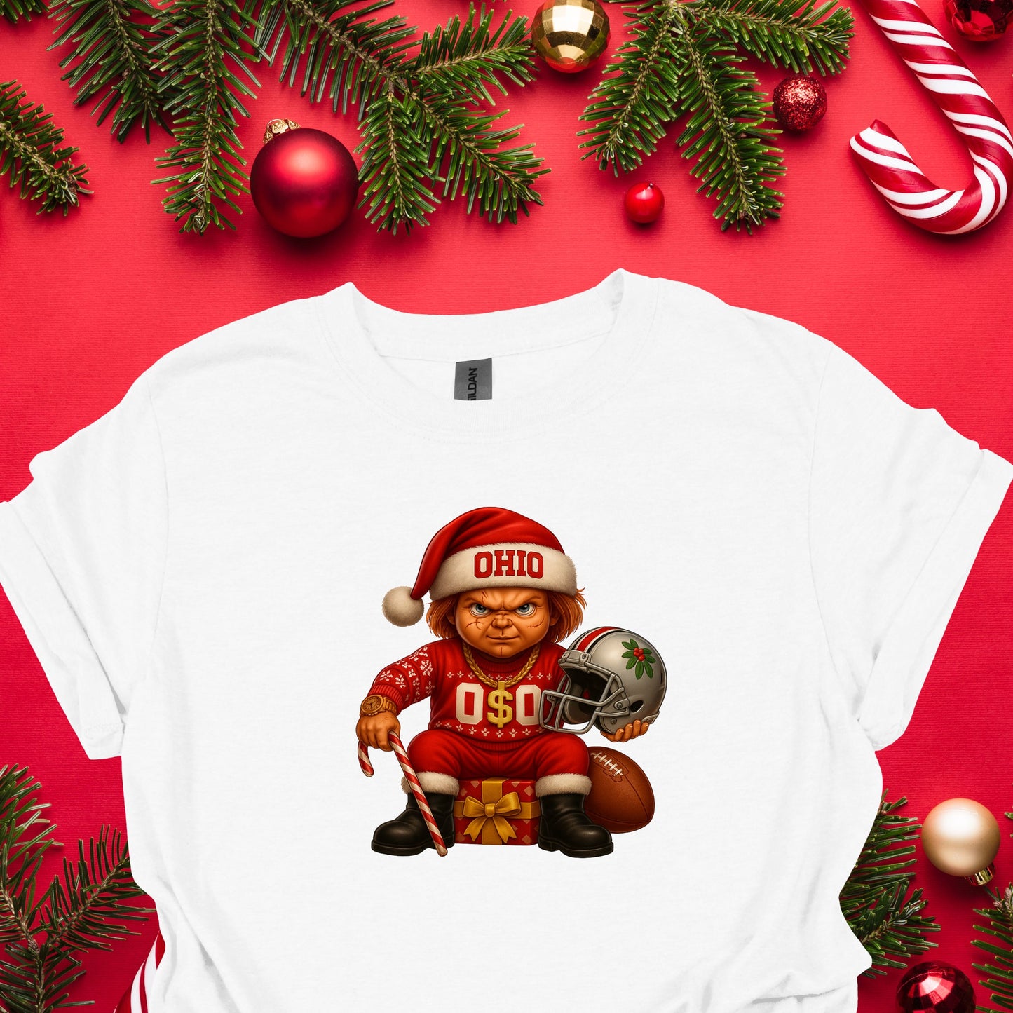 Ohio Christmas Grumpy Elf Football Tee – Funny Holiday Buckeye Fan Shirt