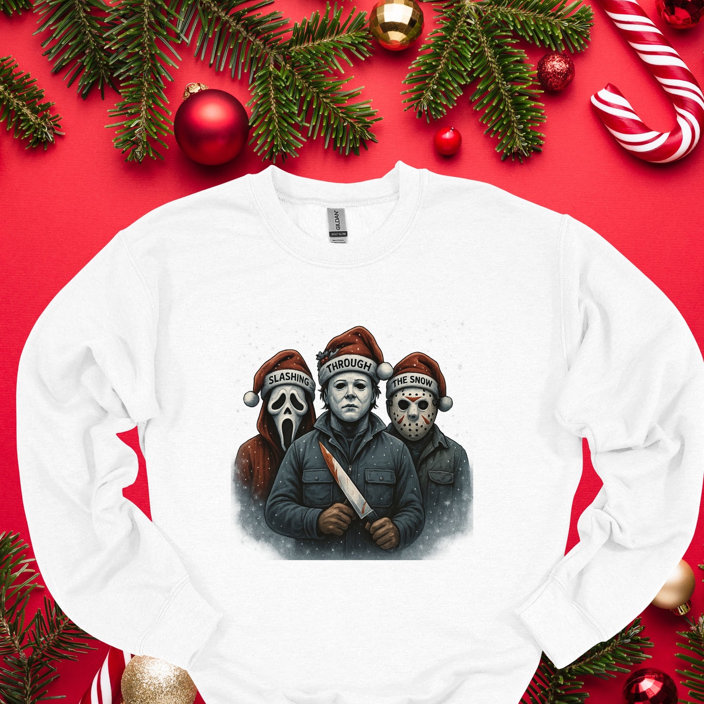 Slashing Through The Snow Funny Holiday Horror Parody Shirt Unisex Fit Soft Cotton Tee for Daily Wear & Gifts